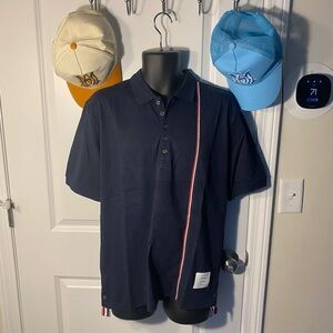 Thom Browne Navy Polo Shirt with Red and White Stripe